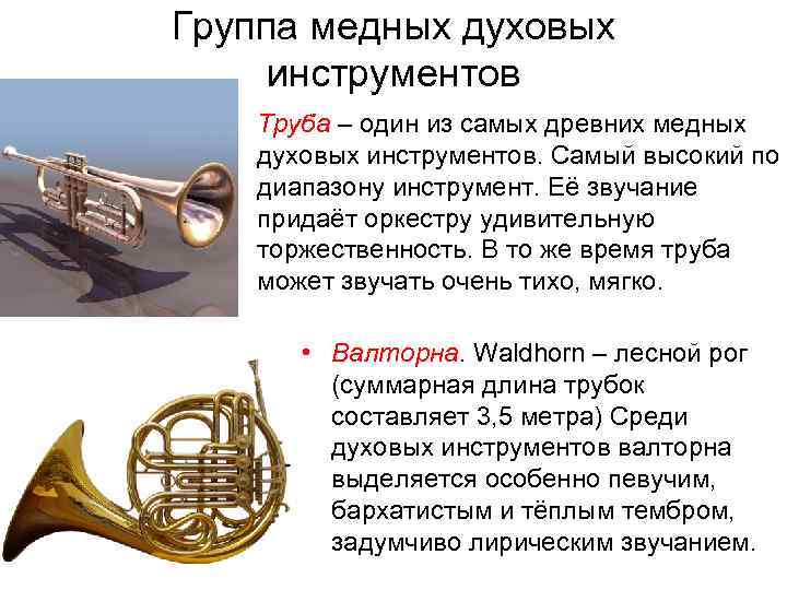 Группа медных духовых инструментов • Труба – один из самых древних медных духовых инструментов.