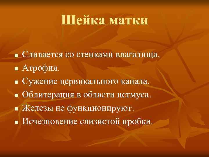 Шейка матки n n n Сливается со стенками влагалища. Атрофия. Сужение цервикального канала. Облитерация