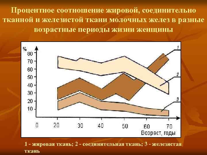 Процентное соотношение жировой, соединительно тканной и железистой ткани молочных желез в разные возрастные периоды