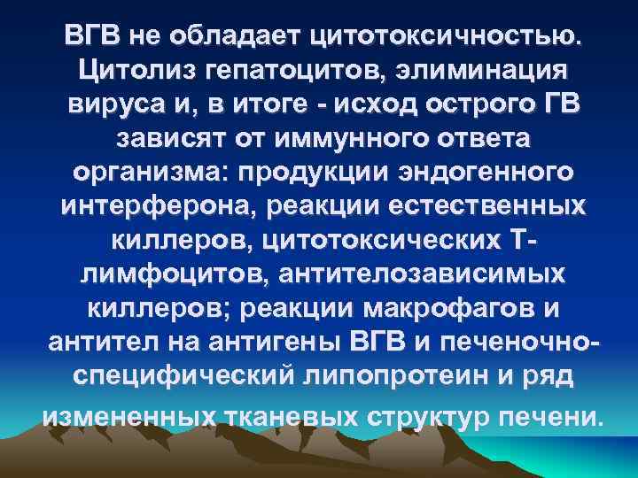 ВГВ не обладает цитотоксичностью. Цитолиз гепатоцитов, элиминация вируса и, в итоге - исход острого