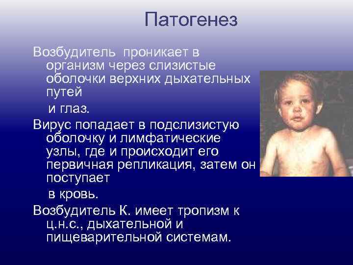 Патогенез Возбудитель проникает в организм через слизистые оболочки верхних дыхательных путей и глаз. Вирус