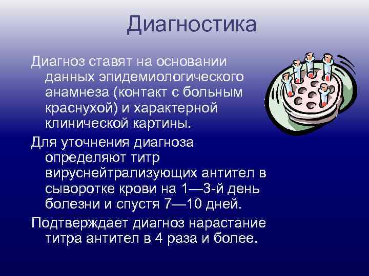 Диагностика Диагноз ставят на основании данных эпидемиологического анамнеза (контакт с больным краснухой) и характерной