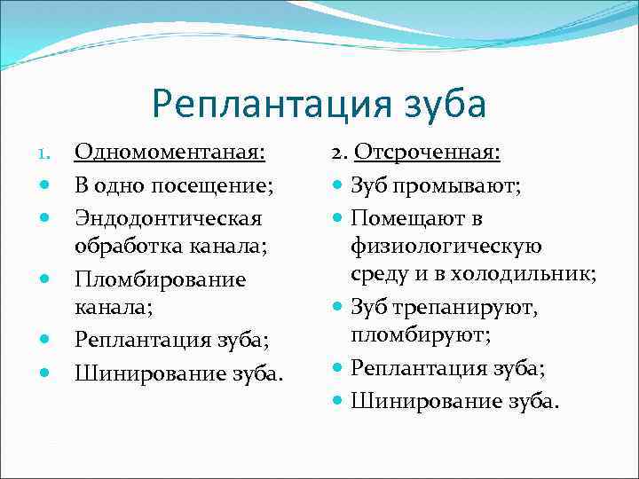 Реплантация зуба 1. Одномоментаная: В одно посещение; Эндодонтическая обработка канала; Пломбирование канала; Реплантация зуба;