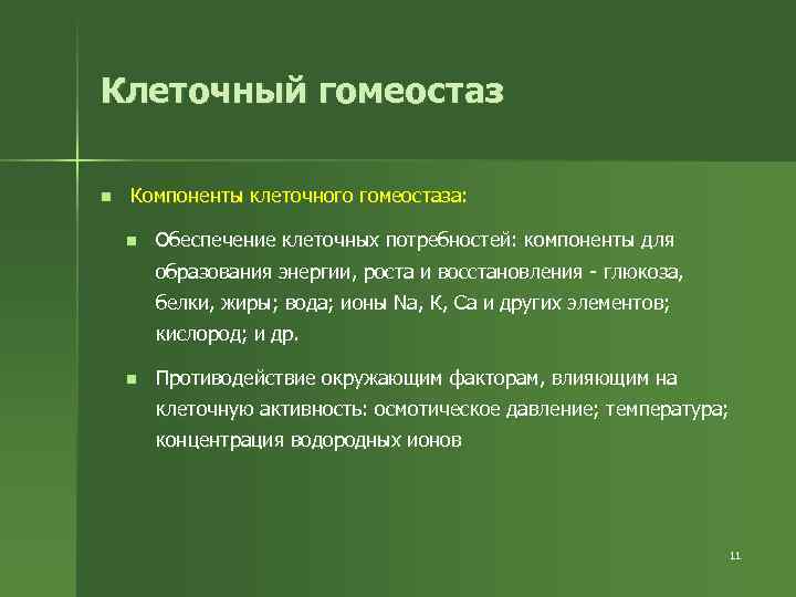 Клеточный гомеостаз n Компоненты клеточного гомеостаза: n Обеспечение клеточных потребностей: компоненты для образования энергии,