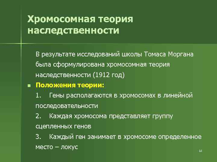 Хромосомная теория наследственности В результате исследований школы Томаса Моргана была сформулирована хромосомная теория наследственности