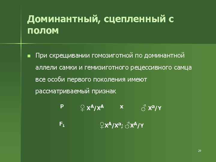 Доминантный, сцепленный с полом n При скрещивании гомозиготной по доминантной аллели самки и гемизиготного