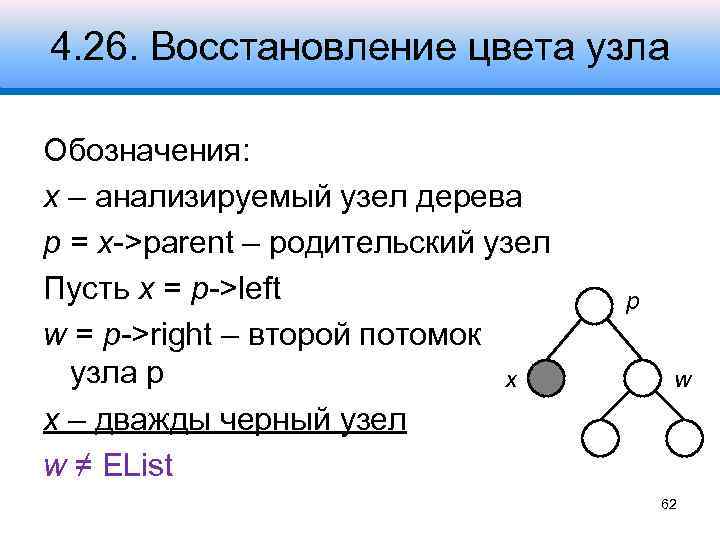 4. 26. Восстановление цвета узла Обозначения: x – анализируемый узел дерева p = x->parent