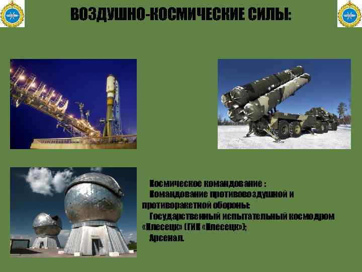 ВОЗДУШНО-КОСМИЧЕСКИЕ СИЛЫ: Космическое командование : Командование противовоздушной и противоракетной обороны: Государственный испытательный космодром «Плесецк»
