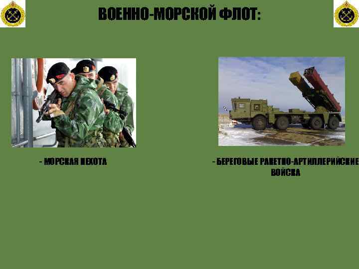 ВОЕННО-МОРСКОЙ ФЛОТ: - МОРСКАЯ ПЕХОТА - БЕРЕГОВЫЕ РАКЕТНО-АРТИЛЛЕРИЙСКИЕ ВОЙСКА 