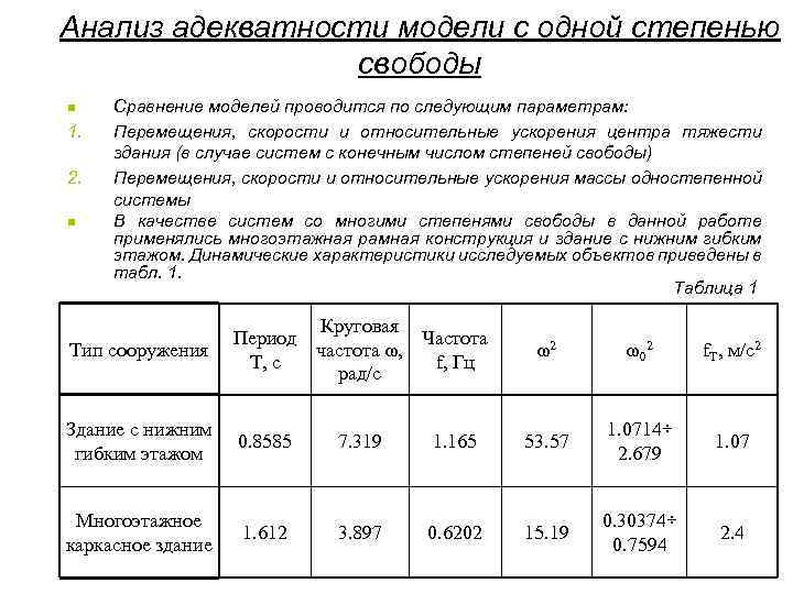 Анализ адекватности модели с одной степенью свободы n 1. 2. n Сравнение моделей проводится