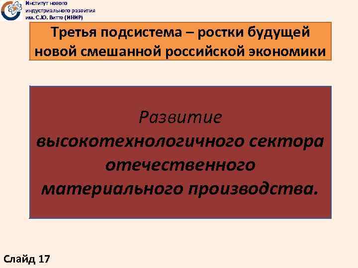 Институт нового индустриального развития им. С. Ю. Витте (ИНИР) Третья подсистема – ростки будущей