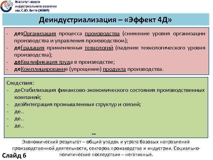Институт нового индустриального развития им. С. Ю. Витте (ИНИР) Деиндустриализация – «Эффект 4 Д»
