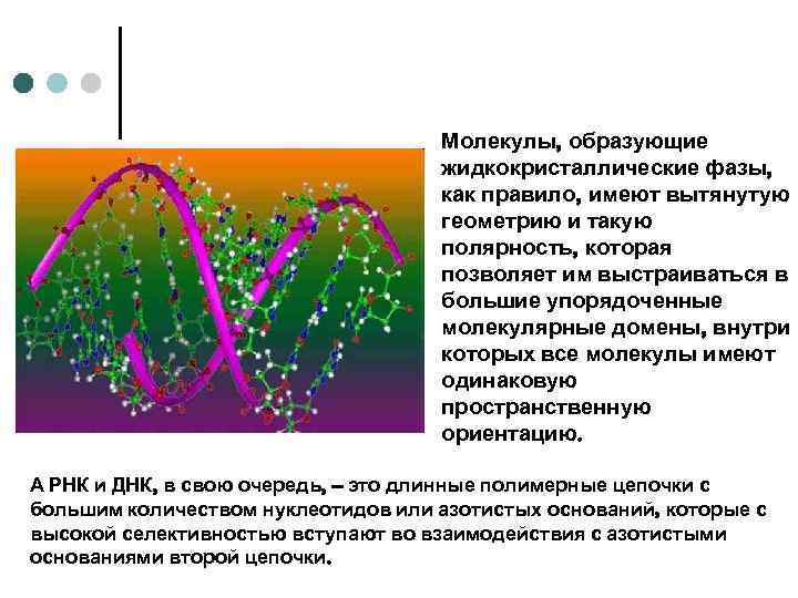 Молекулы, образующие жидкокристаллические фазы, как правило, имеют вытянутую геометрию и такую полярность, которая позволяет