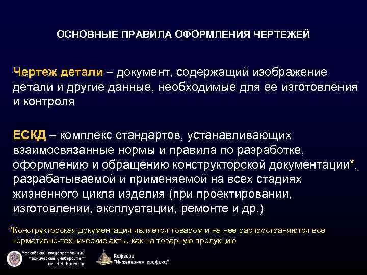 ОСНОВНЫЕ ПРАВИЛА ОФОРМЛЕНИЯ ЧЕРТЕЖЕЙ Чертеж детали – документ, содержащий изображение детали и другие данные,