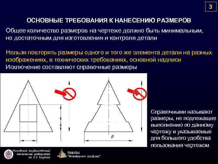 3 ОСНОВНЫЕ ТРЕБОВАНИЯ К НАНЕСЕНИЮ РАЗМЕРОВ Общее количество размеров на чертеже должно быть минимальным,