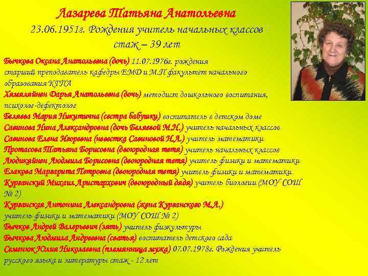 Лазарева Татьяна Анатольевна 23. 06. 1951 г. Рождения учитель начальных классов стаж – 39