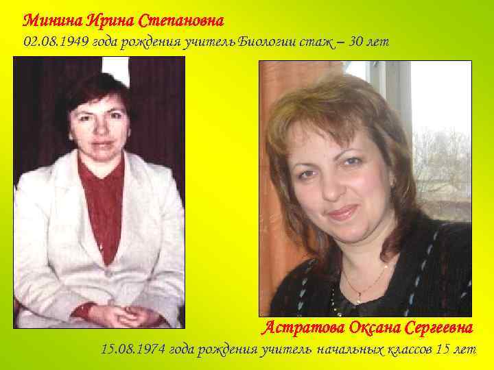 Минина Ирина Степановна 02. 08. 1949 года рождения учитель Биологии стаж – 30 лет