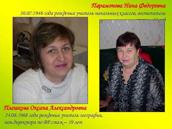Парамонова Нина Федоровна 30. 07. 1946 года рождения учитель начальных классов, воспитатель стаж –
