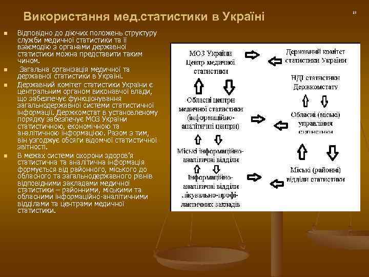 Використання мед. статистики в Україні n n Відповідно до діючих положень структуру служби медичної