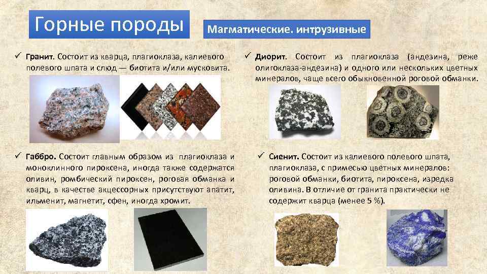 Горные породы Магматические. интрузивные ü Гранит. Состоит из кварца, плагиоклаза, калиевого полевого шпата и