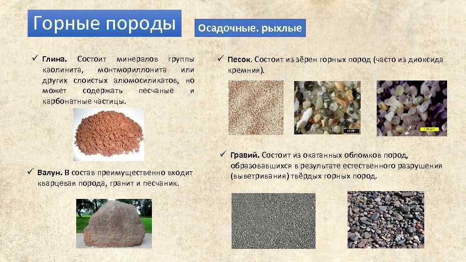 Горные породы ü Глина. Состоит минералов группы каолинита, монтмориллонита или других слоистых алюмосиликатов, но