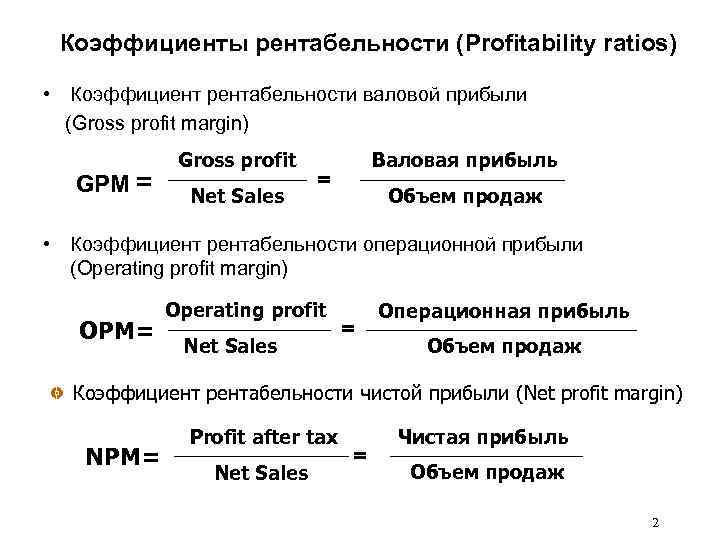Коэффициенты рентабельности (Profitability ratios) • Коэффициент рентабельности валовой прибыли (Gross profit margin) GPM =