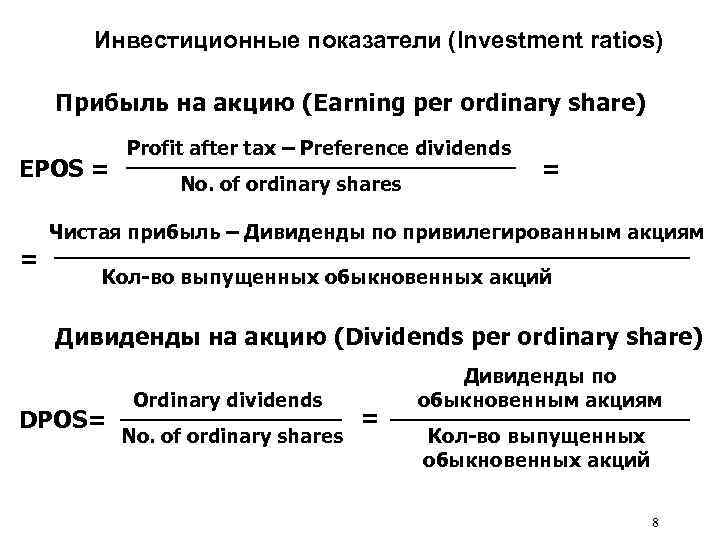 Инвестиционные показатели (Investment ratios) Прибыль на акцию (Earning per ordinary share) EPOS = =