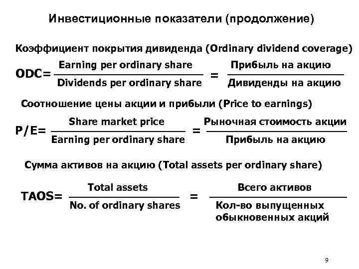 Инвестиционные показатели (продолжение) Коэффициент покрытия дивидендa (Ordinary dividend coverage) ODC= Earning per ordinary share