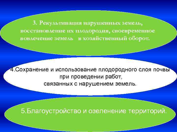 3. Рекультивация нарушенных земель, восстановление их плодородия, своевременное вовлечение земель в хозяйственный оборот. 4.