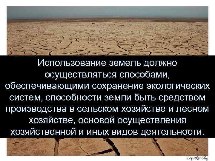 Использование земель должно осуществляться способами, обеспечивающими сохранение экологических систем, способности земли быть средством производства