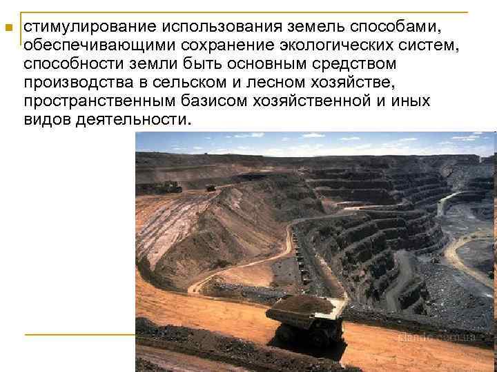 n стимулирование использования земель способами, обеспечивающими сохранение экологических систем, способности земли быть основным средством