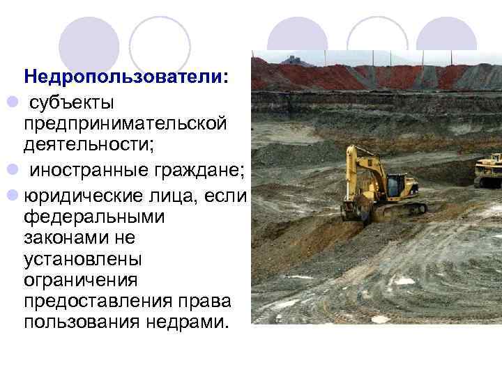 Недропользователи: l субъекты предпринимательской деятельности; l иностранные граждане; l юридические лица, если федеральными законами