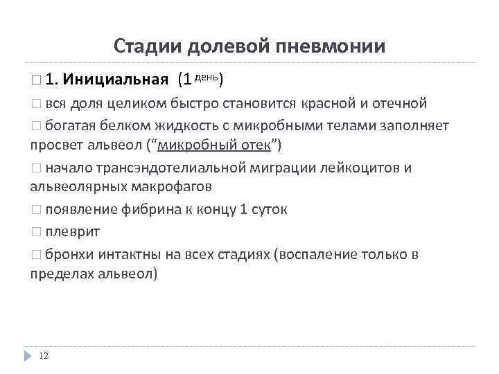 Стадии долевой пневмонии 1. Инициальная (1 день) вся доля целиком быстро становится красной и