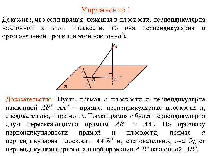 Упражнение 1 Докажите, что если прямая, лежащая в плоскости, перпендикулярна наклонной к этой плоскости,