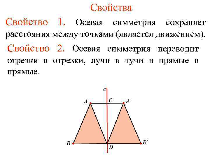Свойства Свойство 1. Осевая симметрия сохраняет расстояния между точками (является движением). Свойство 2. Осевая