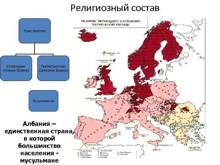 Религиозный состав Христианство Католицизм (Южная Европа) Протестанстизм (Северная Европа) Мусульманство Албания – единственная страна,