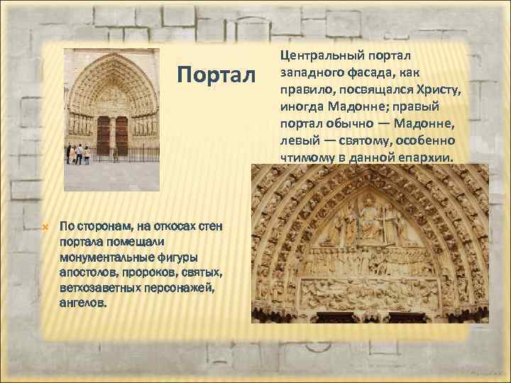Портал По сторонам, на откосах стен портала помещали монументальные фигуры апостолов, пророков, святых, ветхозаветных