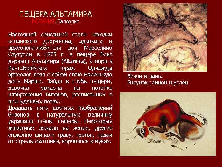 ПЕЩЕРА АЛЬТАМИРА ИСПАНИЯ. Палеолит. Настоящей сенсацией стали находки испанского дворянина, адвоката и археолога-любителя дон