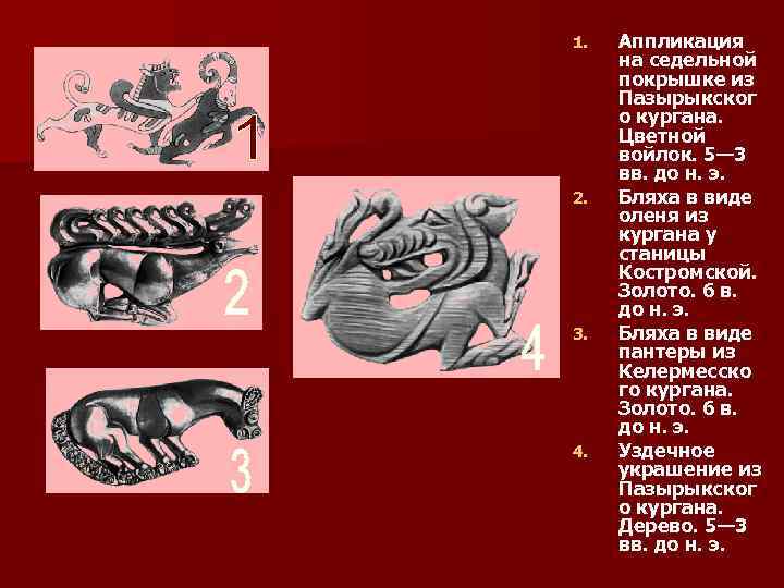 1. 2. 3. 4. Аппликация на седельной покрышке из Пазырыкског о кургана. Цветной войлок.