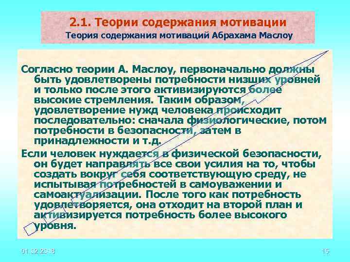 2. 1. Теории содержания мотивации Теория содержания мотиваций Абрахама Маслоу Согласно теории А. Маслоу,
