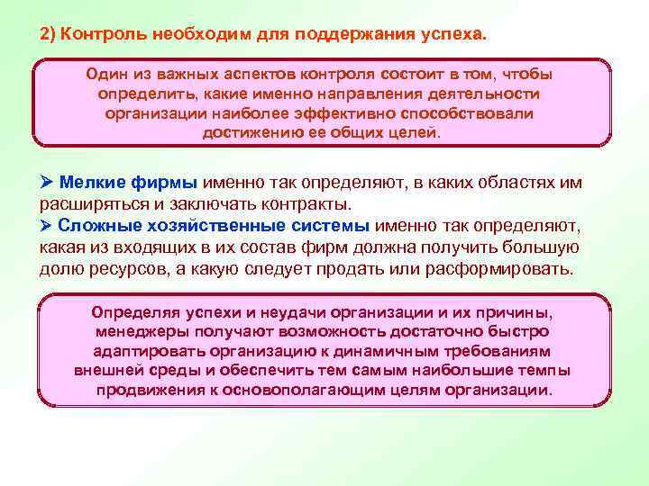 2) Контроль необходим для поддержания успеха. Один из важных аспектов контроля состоит в том,