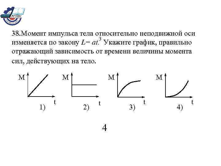 38. Момент импульса тела относительно неподвижной оси 3 изменяется по закону L= at. Укажите