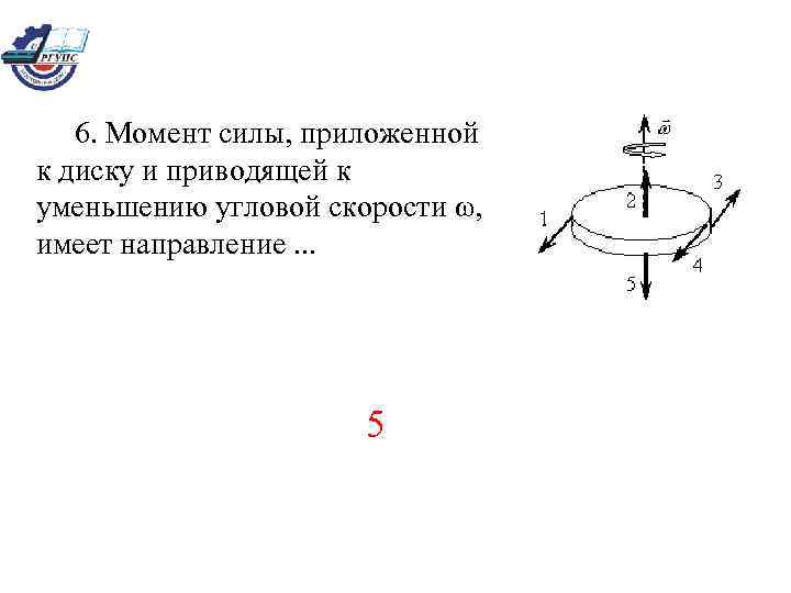 6. Момент силы, приложенной к диску и приводящей к уменьшению угловой скорости ω, имеет