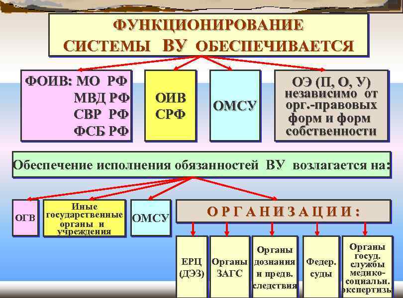 ФУНКЦИОНИРОВАНИЕ СИСТЕМЫ ВУ ОБЕСПЕЧИВАЕТСЯ ФОИВ: МО РФ МВД РФ СВР РФ ФСБ РФ ОИВ