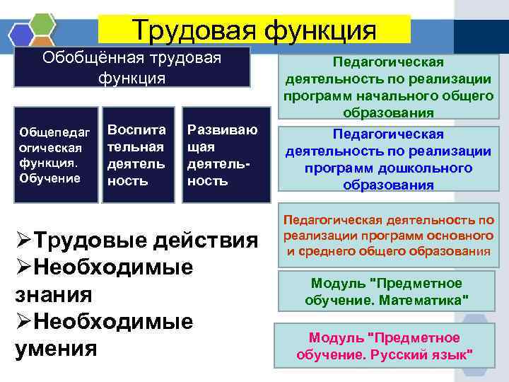 Трудовая функция Обобщённая трудовая функция Общепедаг огическая функция. Обучение Воспита тельная деятель ность Развиваю