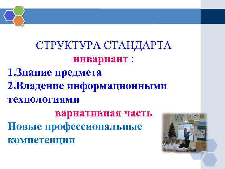 СТРУКТУРА СТАНДАРТА инвариант : 1. Знание предмета 2. Владение информационными технологиями вариативная часть Новые
