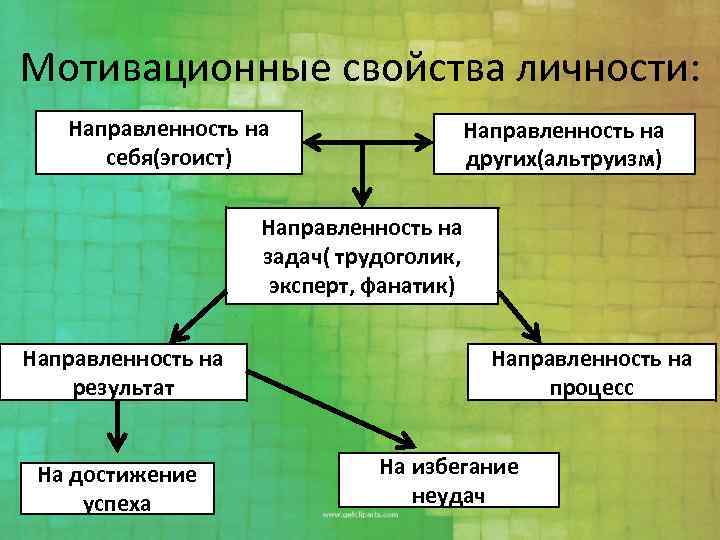 Мотивационные свойства личности: Направленность на себя(эгоист) Направленность на других(альтруизм) Направленность на задач( трудоголик, эксперт,