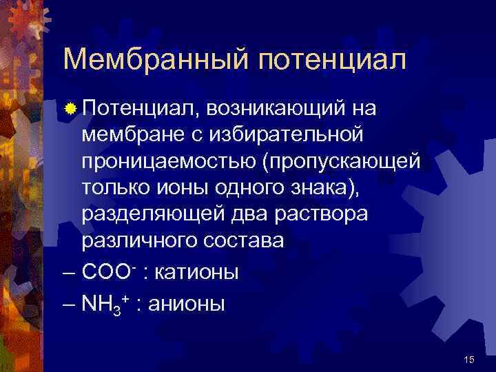 Мембранный потенциал ® Потенциал, возникающий на мембране с избирательной проницаемостью (пропускающей только ионы одного