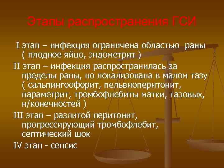 Этапы распространения ГСИ I этап – инфекция ограничена областью раны ( плодное яйцо, эндометрит