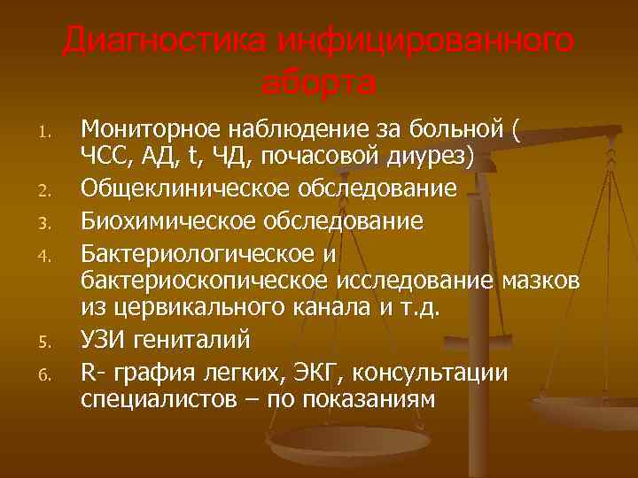 Диагностика инфицированного аборта 1. 2. 3. 4. 5. 6. Мониторное наблюдение за больной (